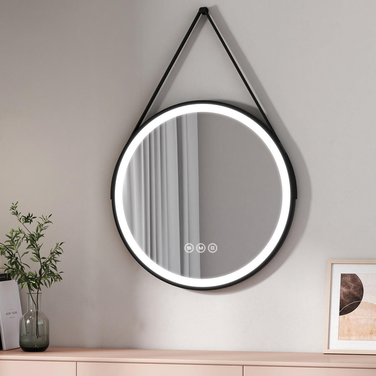 BADSPIEGEL mit Touch-Schalter Beleuchtung mit Hängeriemen Schwarz ф70 cm - Schwarz, Glas (70/3.5/70cm) - EMKE