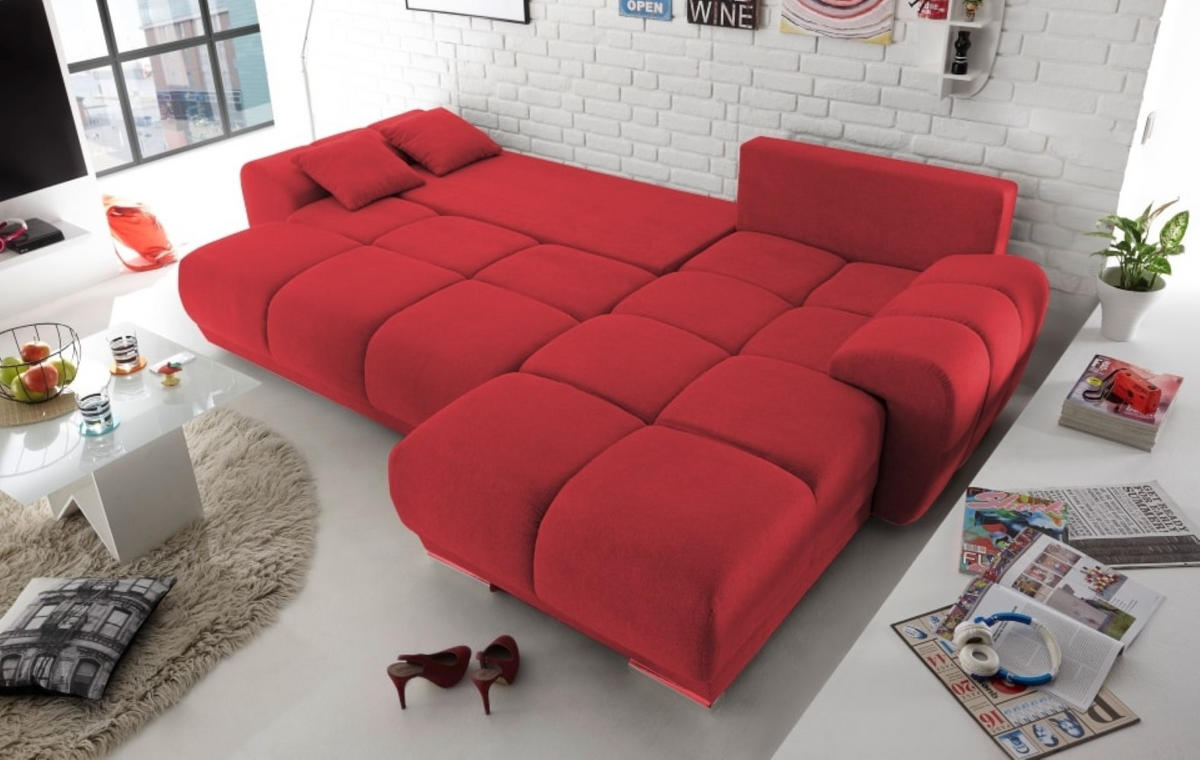 ECKSOFA beidseitig montierbar, Schlaffunktion mit Bettkasten - Chromfarben/Rot, Textil (289/189cm) - ed exciting design