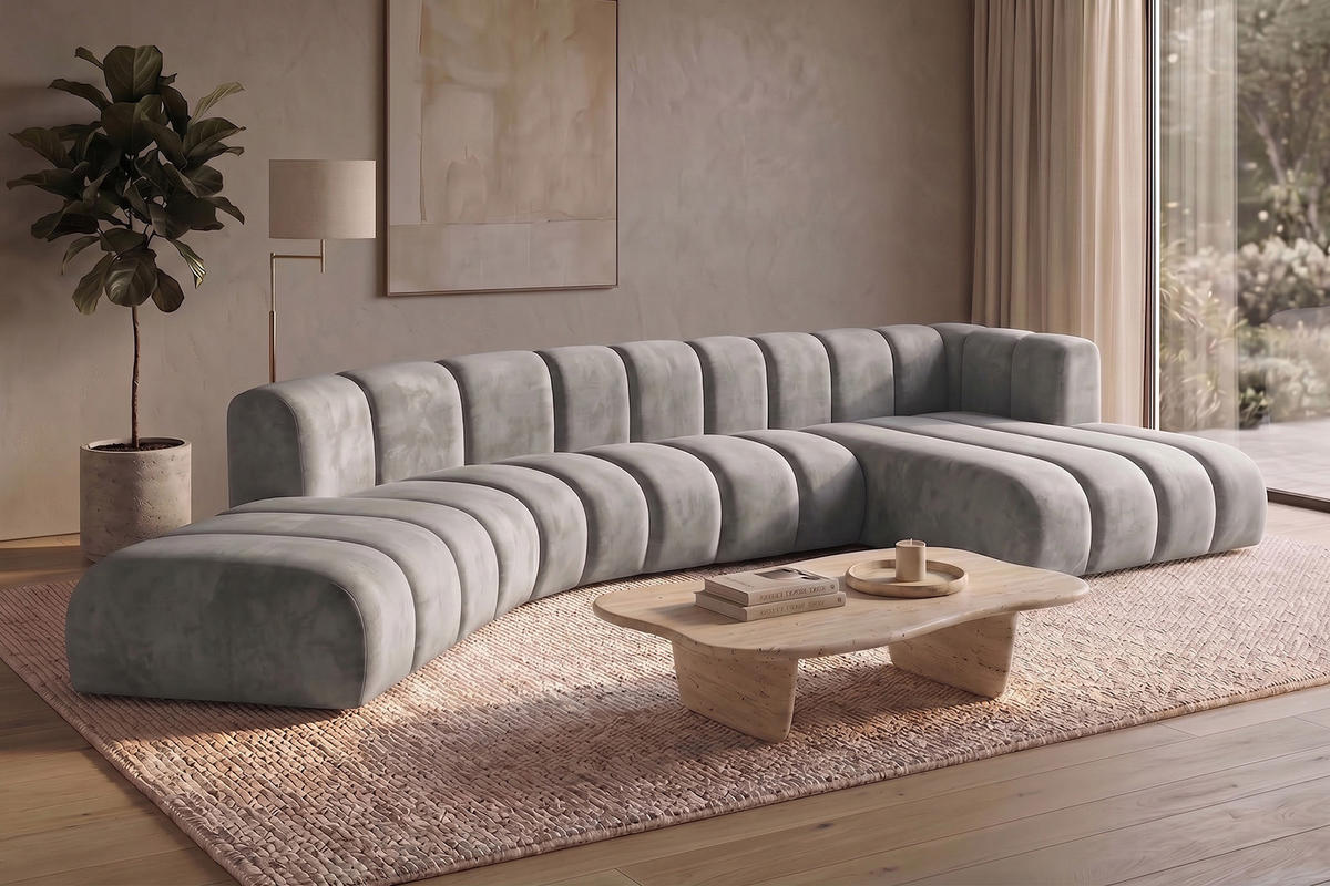 ECKSOFA Modulares In L-Form, Velvet-Stoff Riviera, Grau, Rechts, GRAND Round - Grau, Holz (445/179cm) - Kaiser Möbel