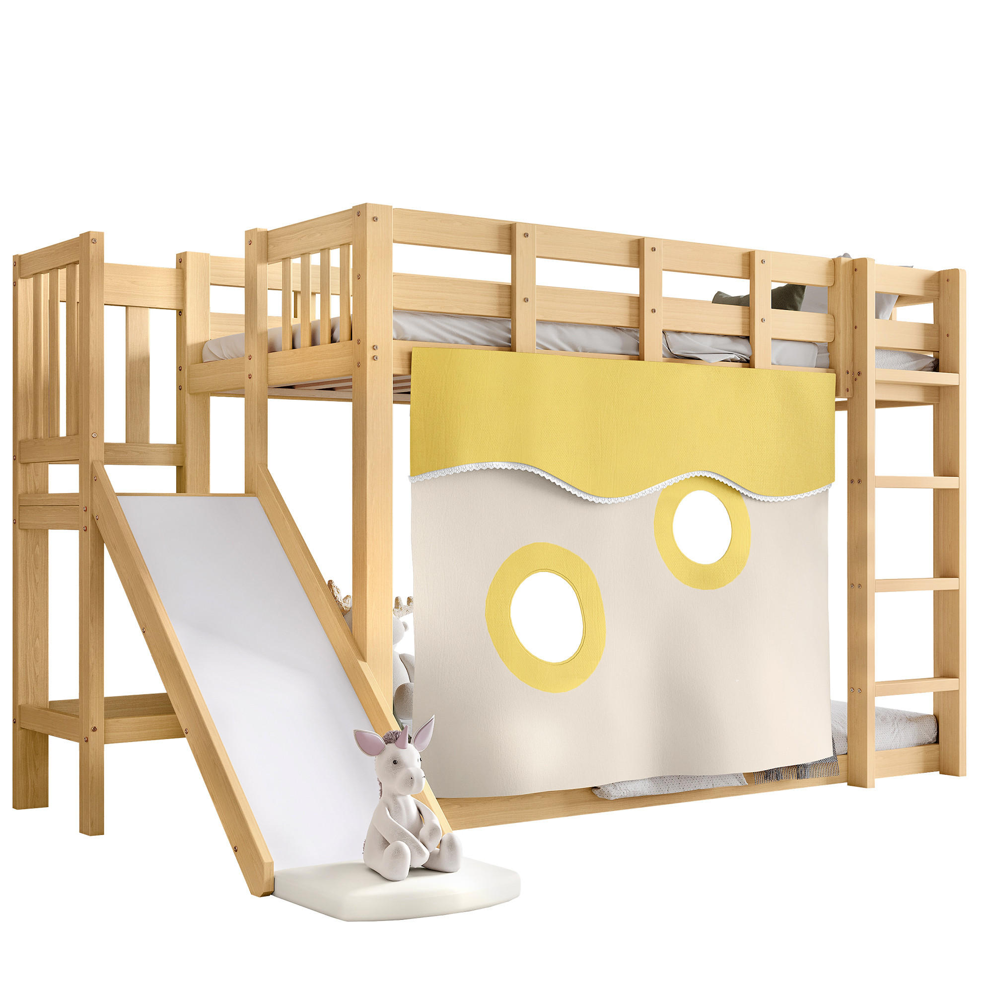 ETAGENBETT 90/200 cm Natur mit Rutsche und Bettvorhang aus MDF/Kiefer - Naturfarben, Holzwerkstoff (90/200cm) - OKWISH