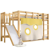 POSCHODOVÁ posteľ 90/200 cm prírodná z borovice a MDF so schodmi, šmykľavkou a závesom - prírodná farba, kompozitné drevo (90/200cm) - OKWISH