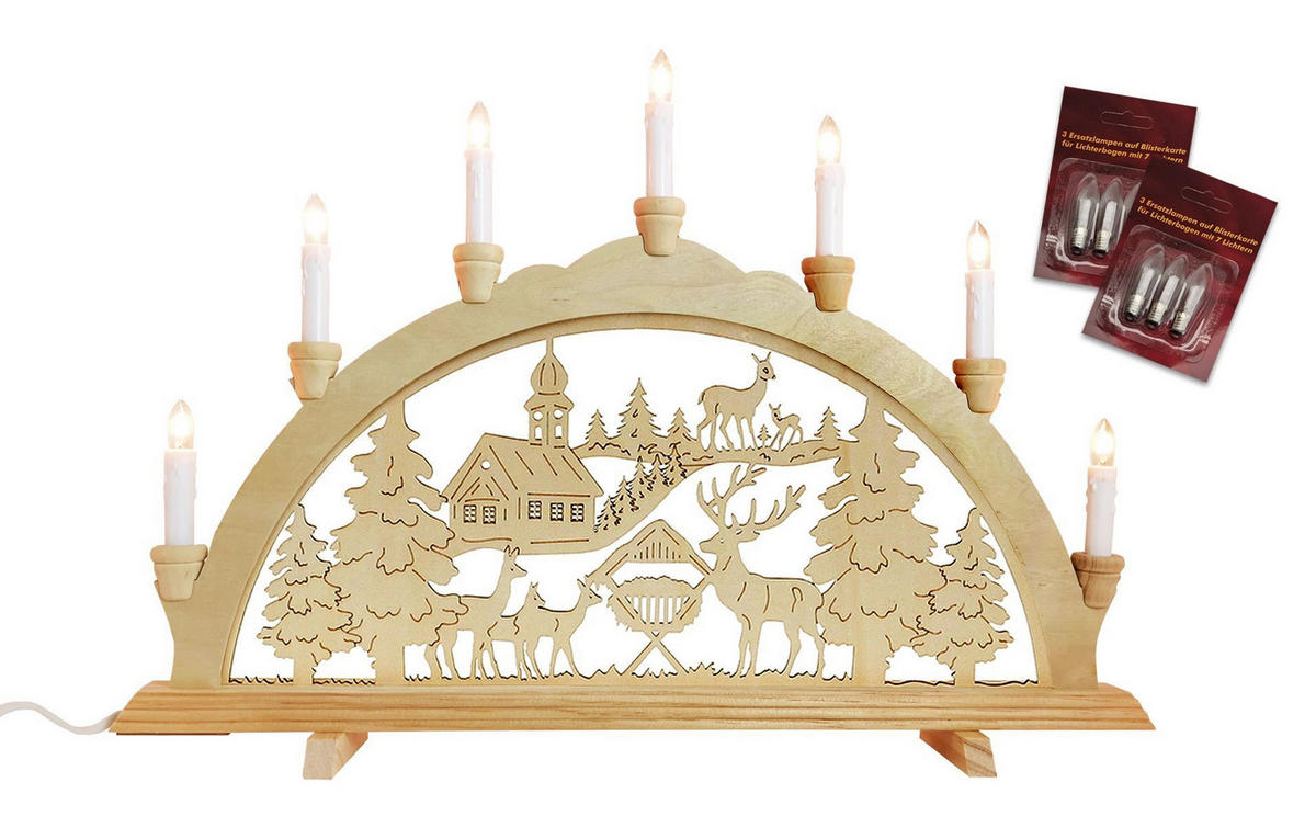 SCHWIBBOGEN Waldkirche und Rehe 7-flammig - Multicolor, Holz (0.1/1/0.1cm) - Dekoteam24