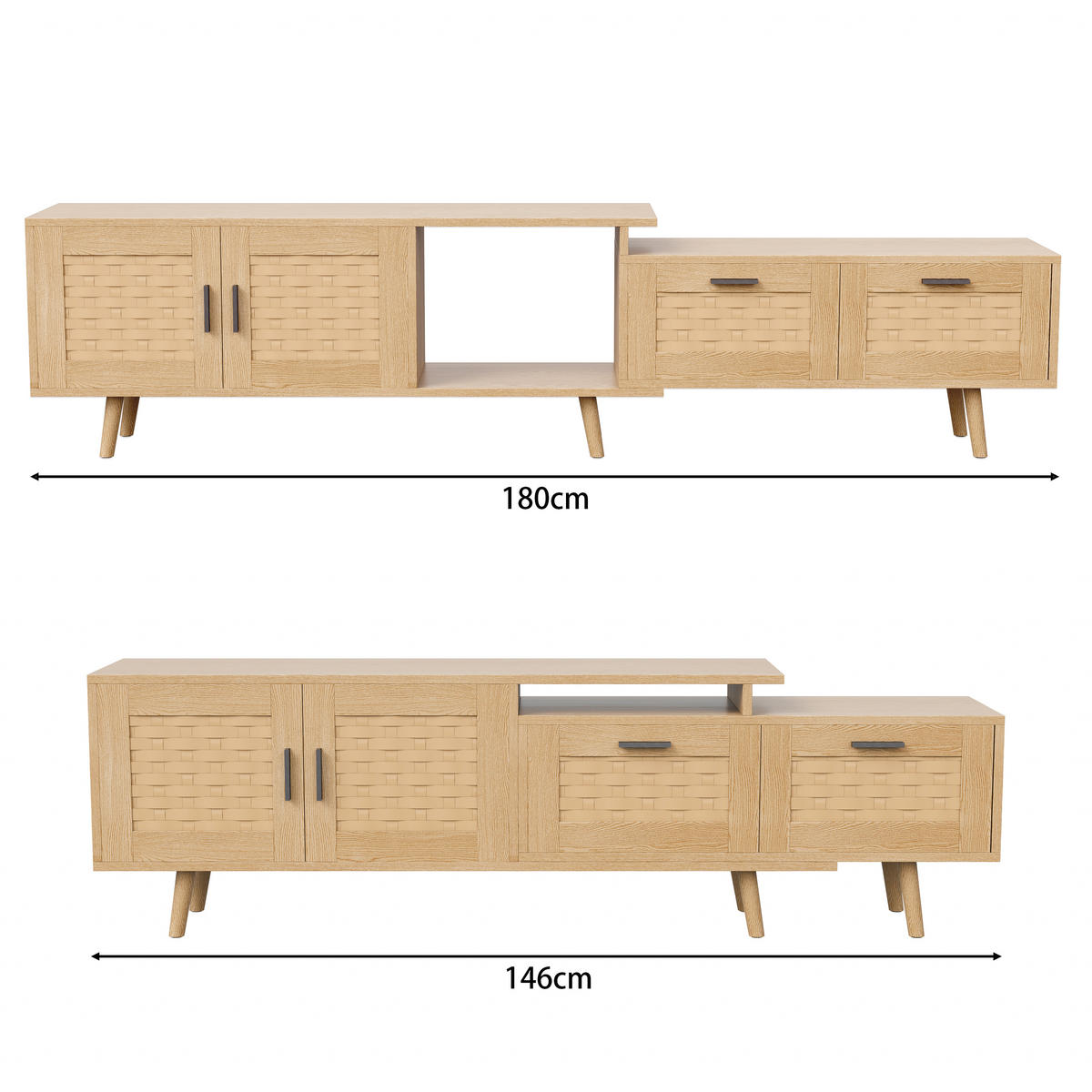 TV-SCHRANK 180x30x44 cm in Rattanoptik mit Schubladen und Türen - Naturfarben, Holz (30/44/180cm) - PARAFTA HOME