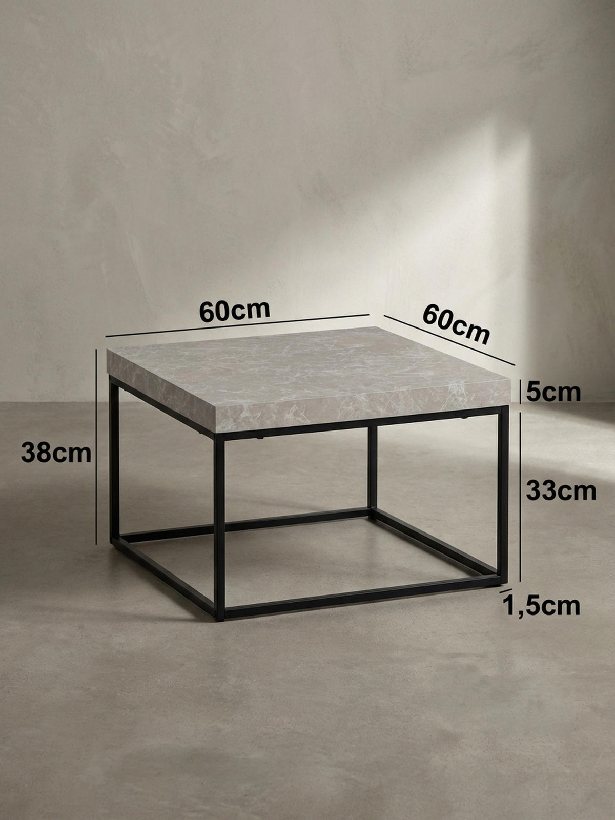 COUCHTISCH in Stein-Optik mit Metallbeinen im modernen Design, Beige 60x60x38 cm - Beige/Schwarz, Holzwerkstoff/Metall (60/60/38cm) - KADIMA DESIGN