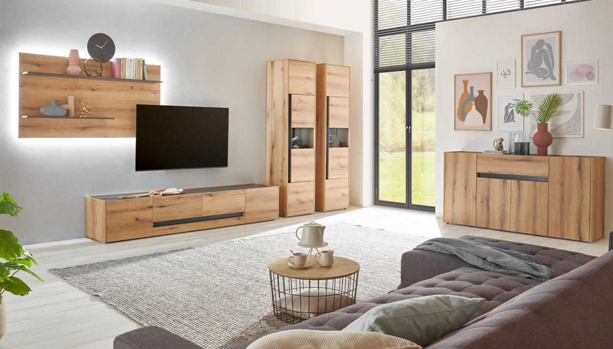 WOHNWAND Evoke Eiche, grau, Wohnkombination Set 4-teilig mit XL-TV-Schrank 400 cm - Eichefarben/Grau, Glas/Holz (400/197/45cm) - Furn.Design