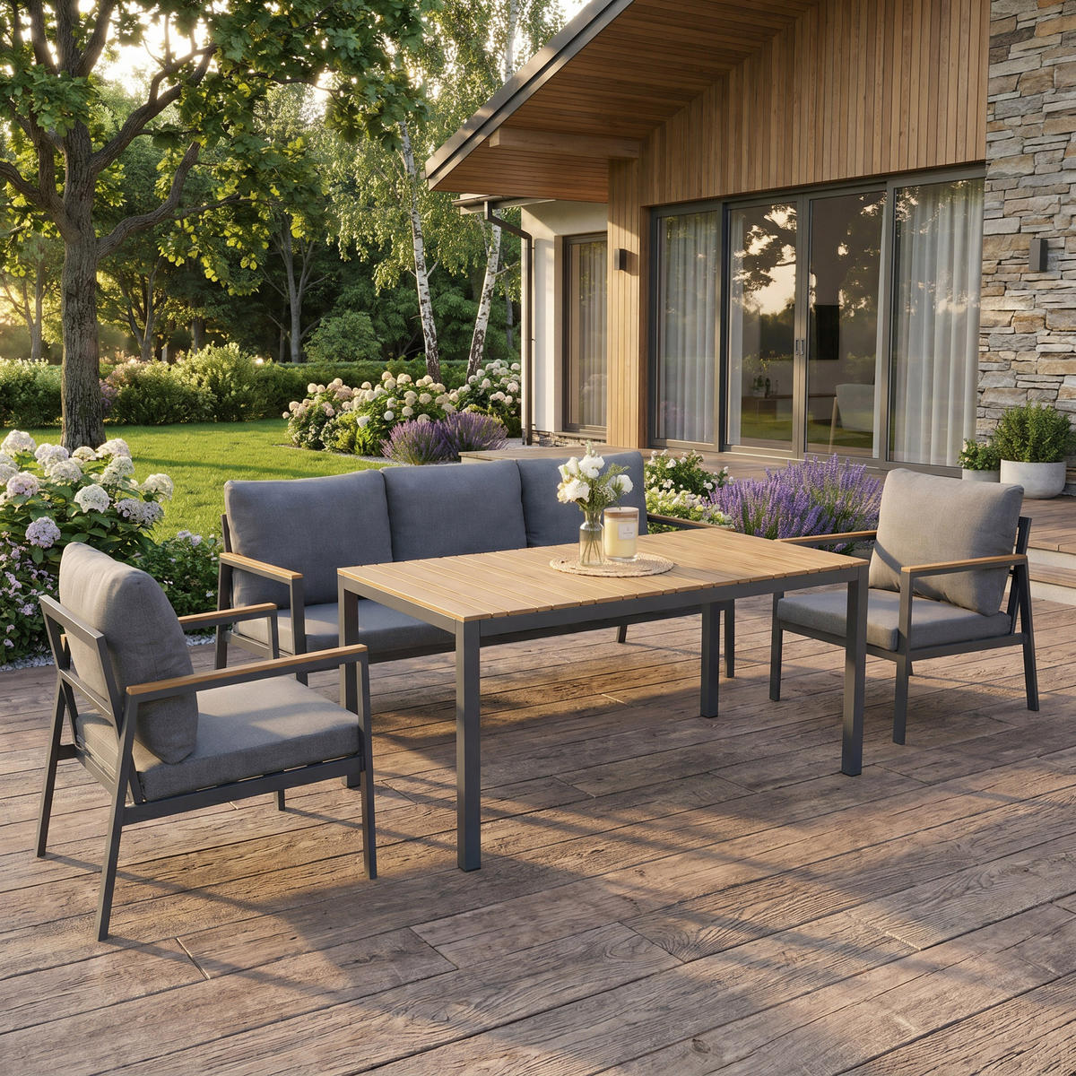 GARTENSET Winston, aus Metall, 2 Sessel + 3-Sitzer Sofa + Esstisch, für 5 Personen, Dunkelgrau - Dunkelgrau, Metall - Beautysofa