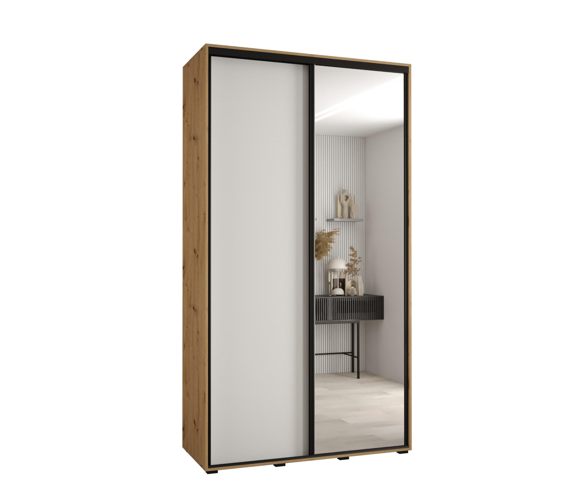 Abiks Möbel Schwebetürenschrank Eiche Artisan, Weiß, Schwarz 130x235x60 cm