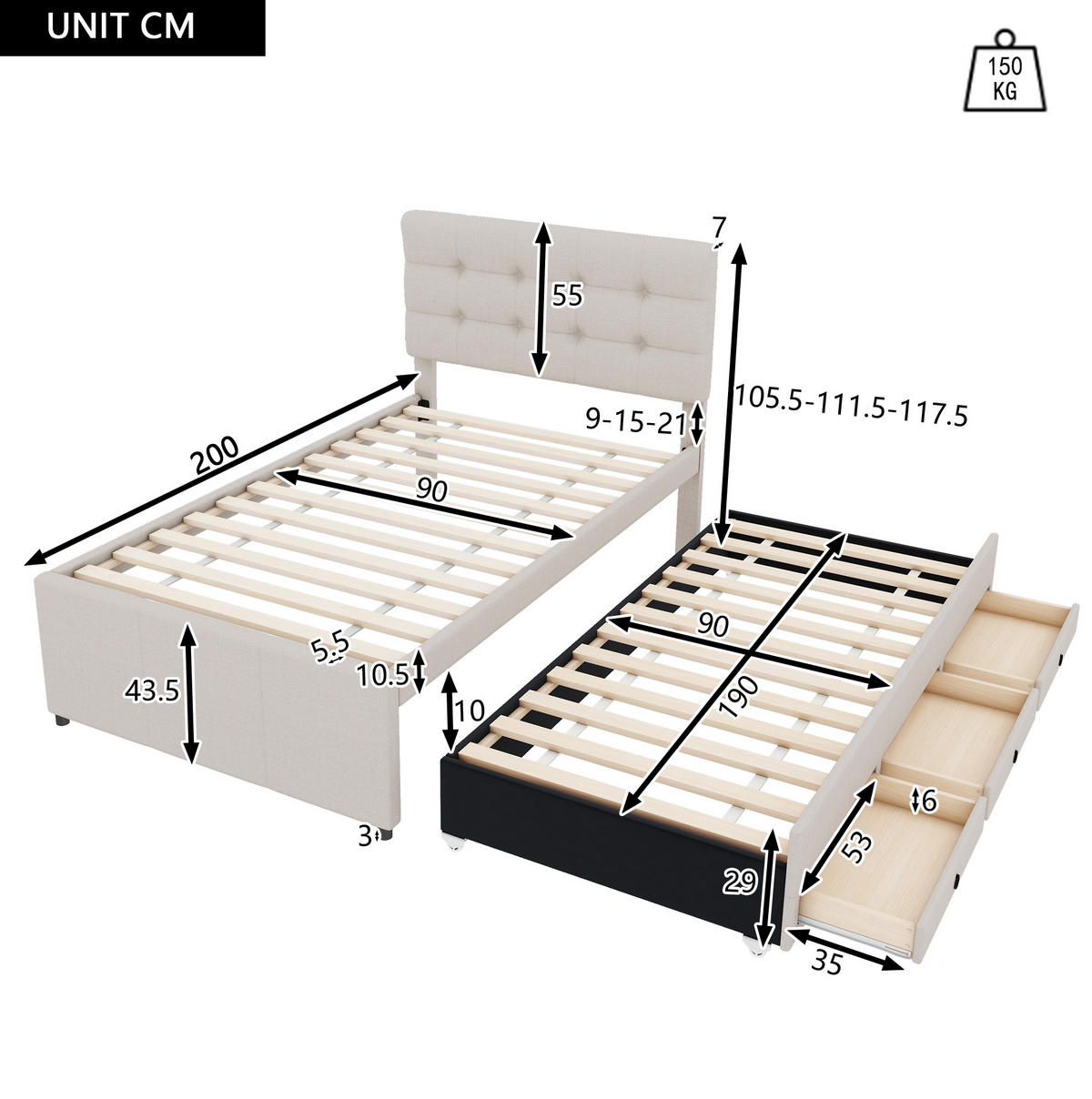 POLSTERBETT 90/200 cm Beige aus Leinen mit Ausziehbett - Beige, Textil (90/200cm) - OKMYHOME