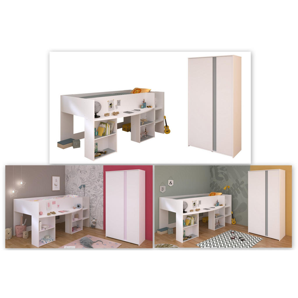 Thumbnail - Parisot Meuble Kinderzimmer, Weiß, Grau, Rosa, Holzwerkstoff, Uni, 3 Fächer, Rechteckig, 205x182x104 cm, Kinder- & Jugen...