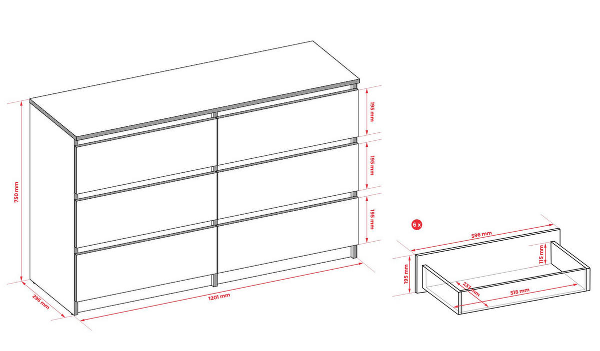 KOMMODE: 6 Schubladen Farbe: kaschmir, 120 x 30 x 75cm - Kaschmir, Holzwerkstoff (120/75/30cm) - 3XE LIVING