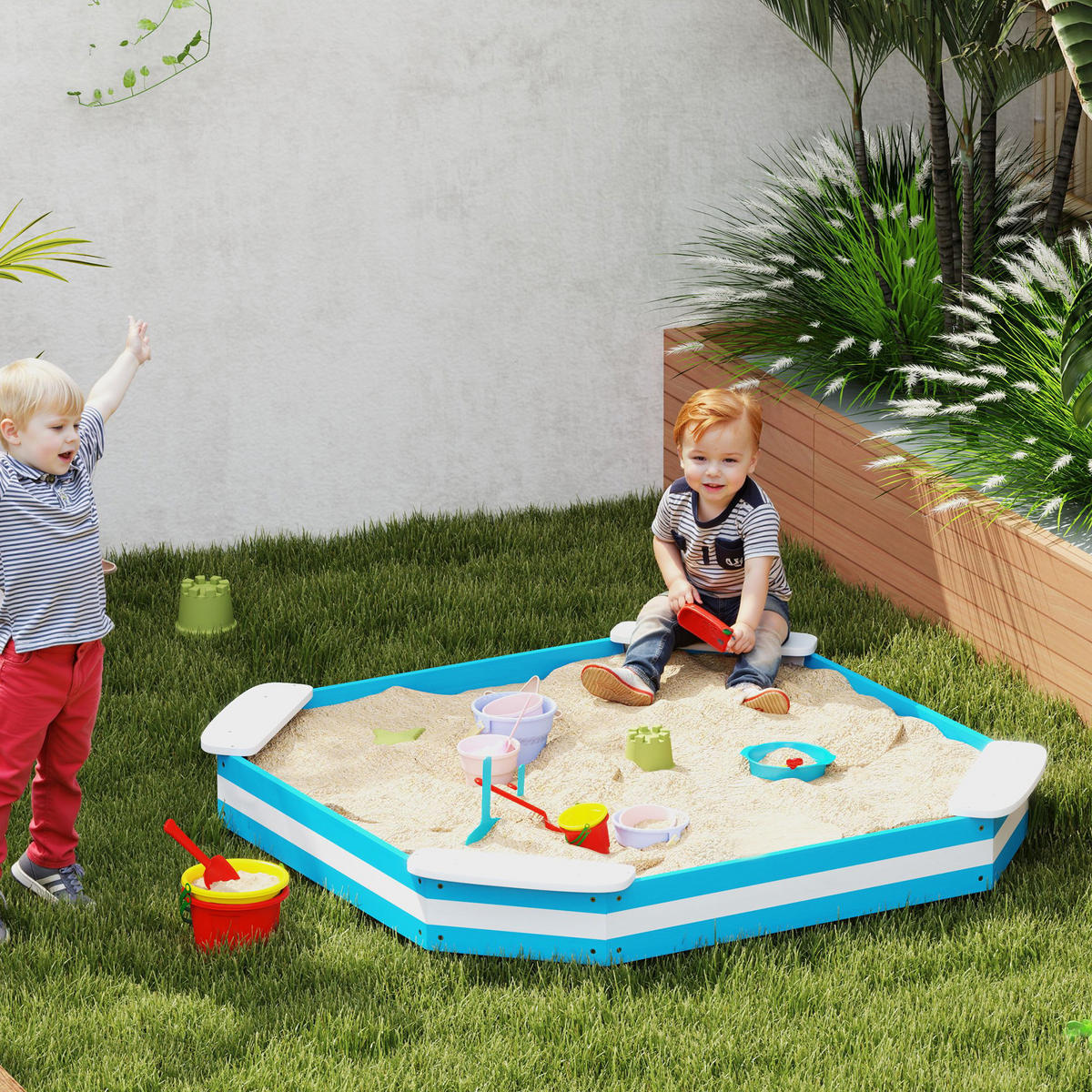 SANDKASTEN 133 x 108 cm Sandkiste aus Holz Sandbox mit Sitzbank Blau - Blau, Holz (133/133/16cm) - AIYAPLAY