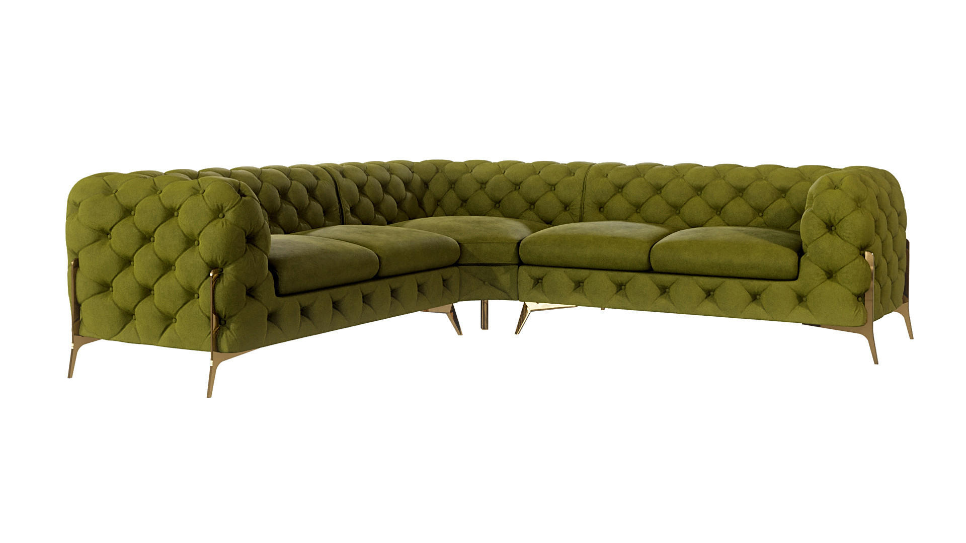 S-Style CHESTERFIELD ROHOVÁ SEDAČKA Lexi z olivového sametu se zlatými nohami
