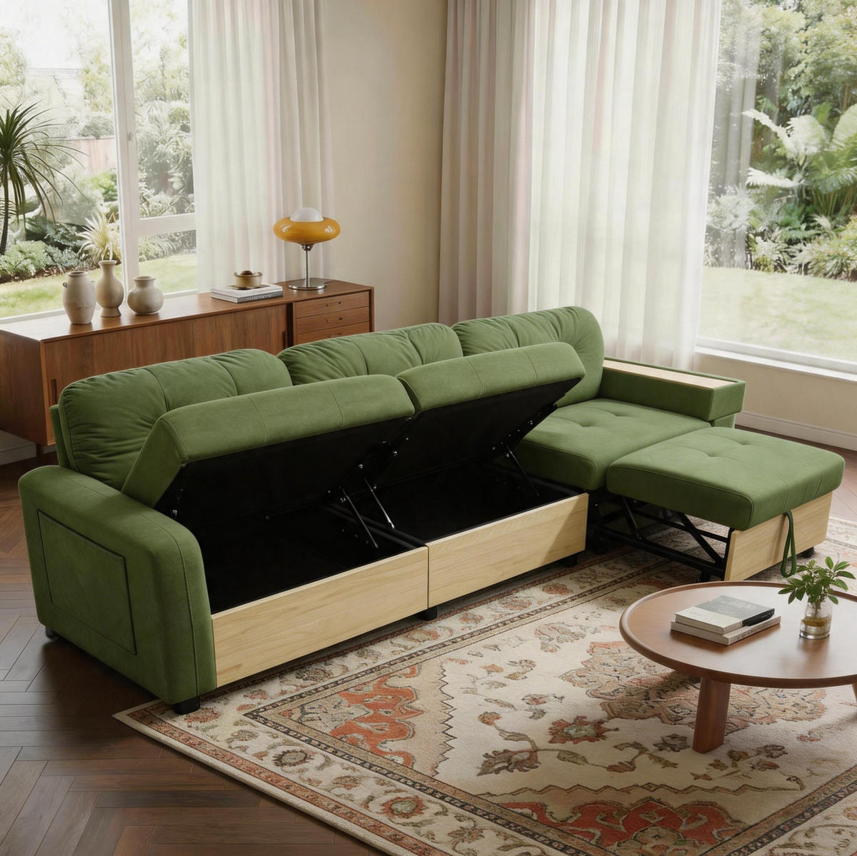 ECKSOFA 228/80/78 cm aus Samt mit ausziehbarer Ottomane und USB-Anschluss Grün - Grün, Textil (80/228cm) - Modenvie