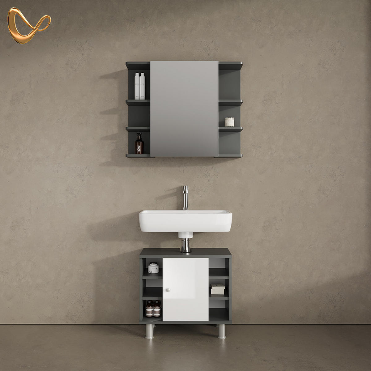 BADMÖBEL-SET Fucino Anthrazit 2 Teile - Weiß Hochglanz/Anthrazit, Holzwerkstoff (80/64/21cm) - Livinity®