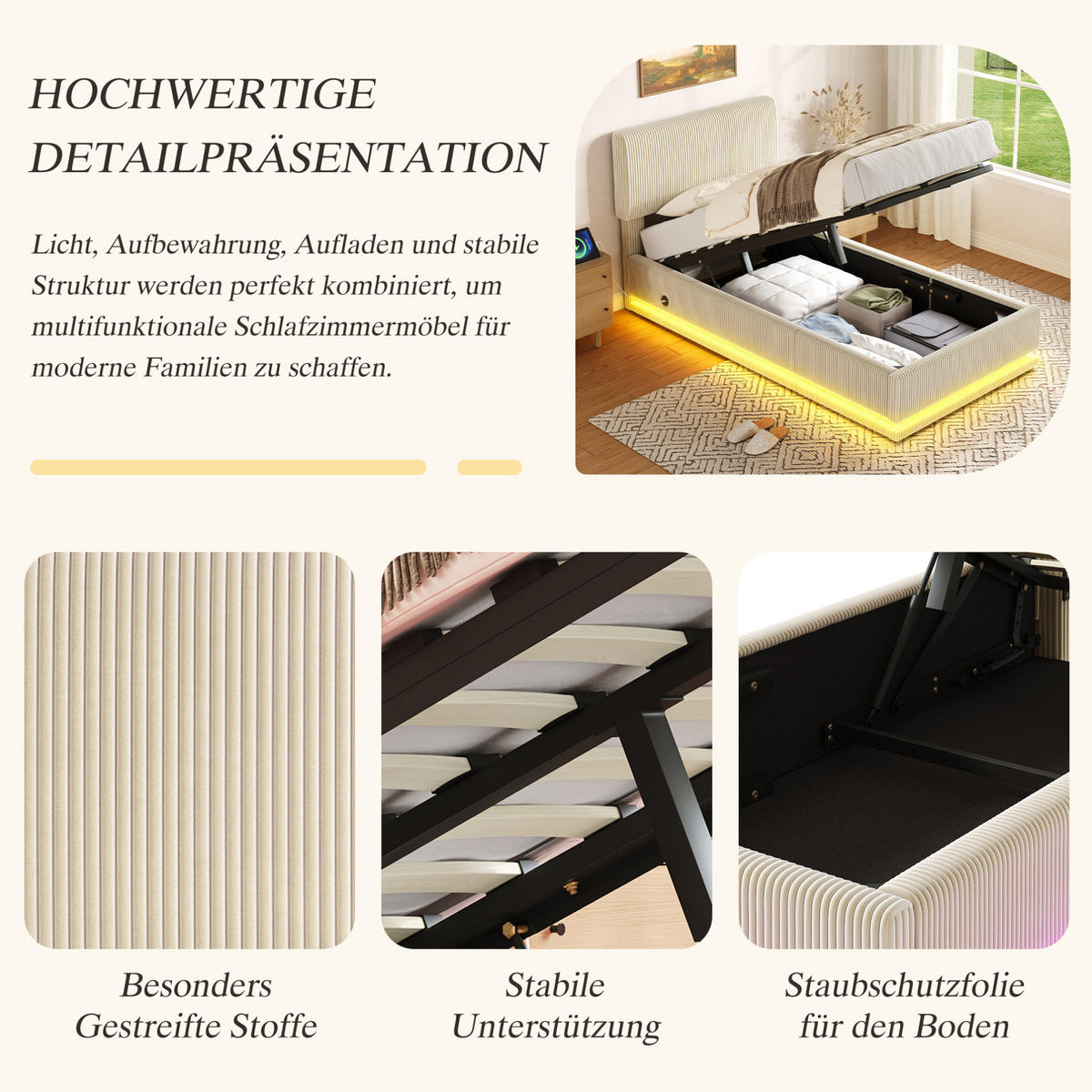 POLSTERBETT mit LED und USB-C 90x200 cm Cord Beige - Beige, Metall (90/200cm) - Meubliv