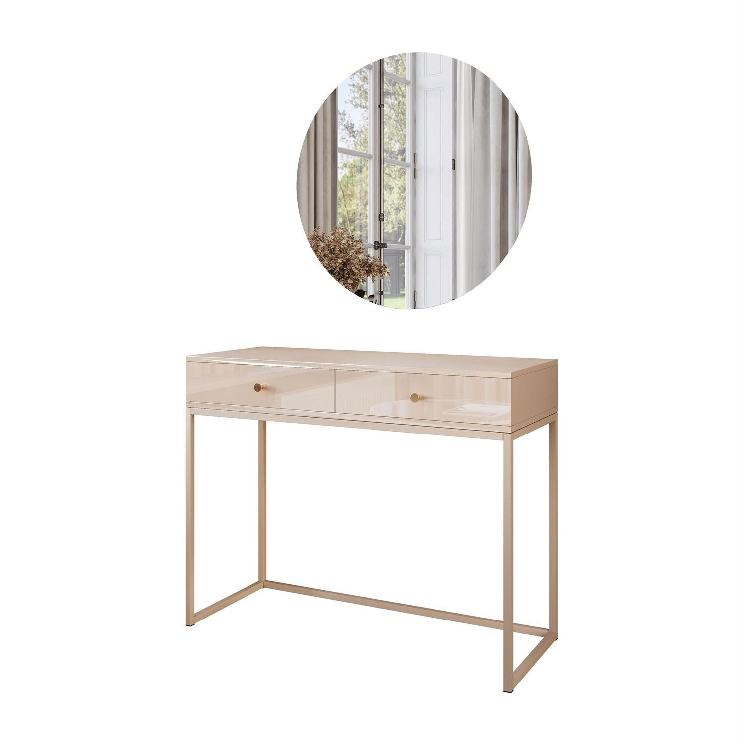 SCHMINKTISCH Blanco Glamour auf Kaschmir-Gestell mit LED-Spiegel goldener Griff - Kaschmir, Holzwerkstoff (100/81/42cm) - Lookway