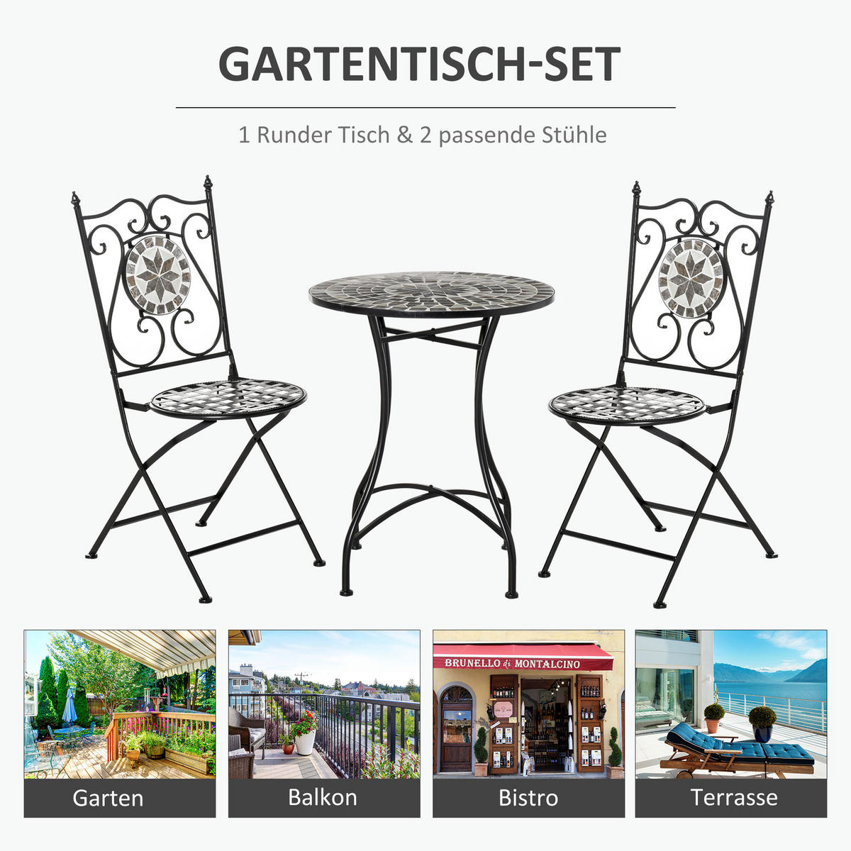 GARTEN Sitzgruppe, 1 Tisch+2 faltbare Stühle, Metall Keramikfliese, Mehrfarbing - Schwarz/Grau, Keramik/Metall - Outsunny
