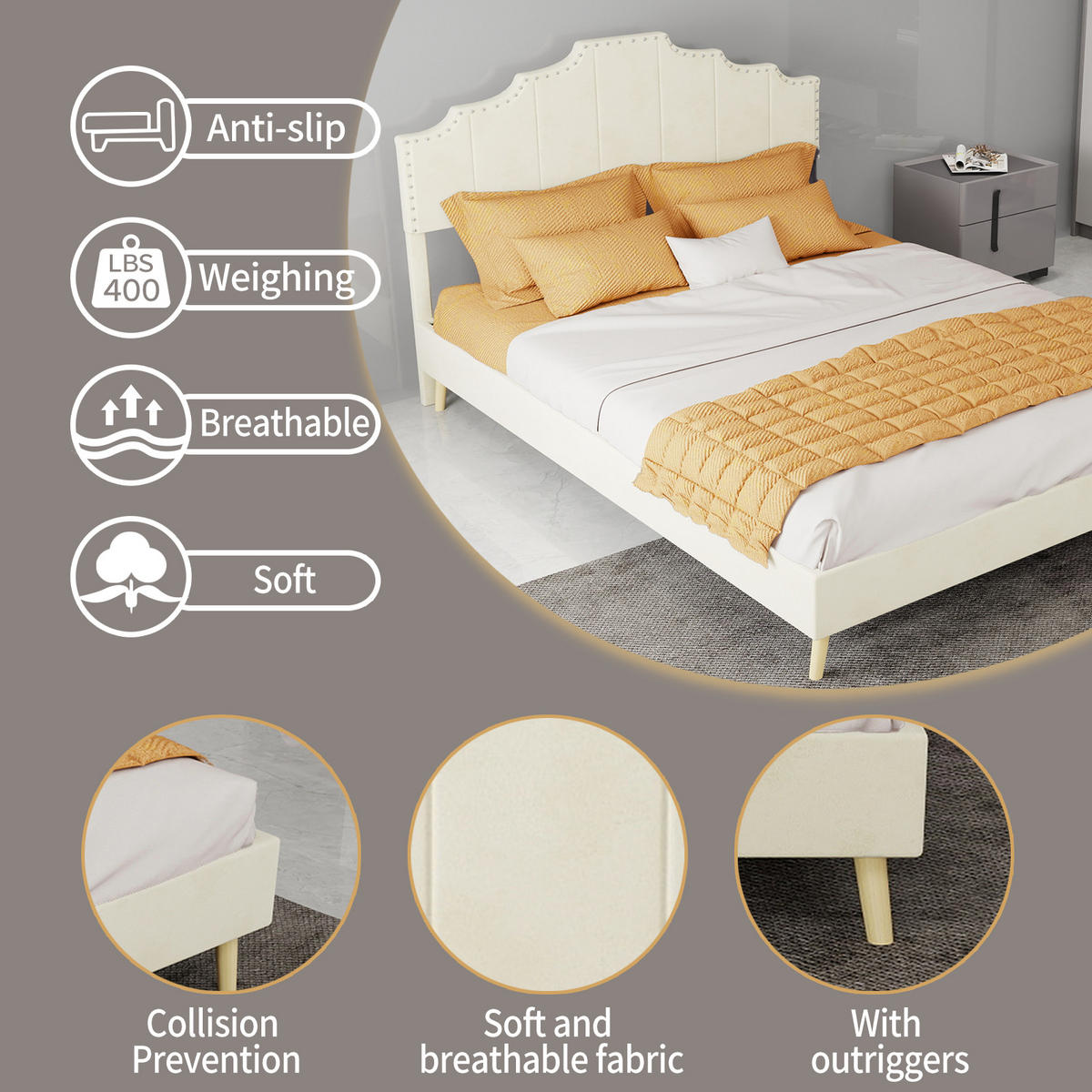 POLSTERBETT 140/200 cm DE-35412 mit weichem Kopfteil Beige - Beige, Metall (140/200cm) - ComfortXL