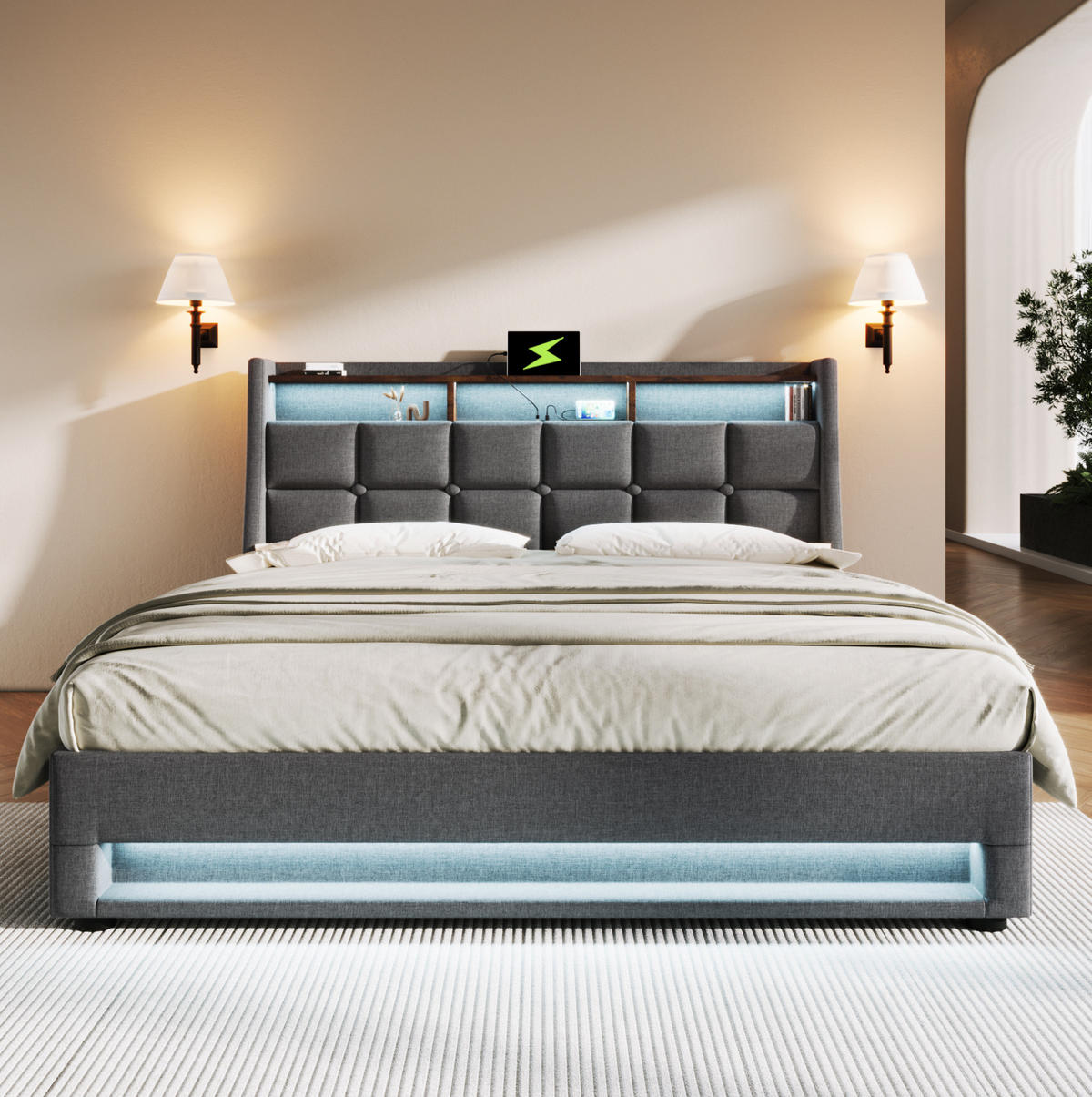 BETT mit USB und LED 140x200 cm Leinen Grau - Grau, Metall (140/200cm) - Meubliv