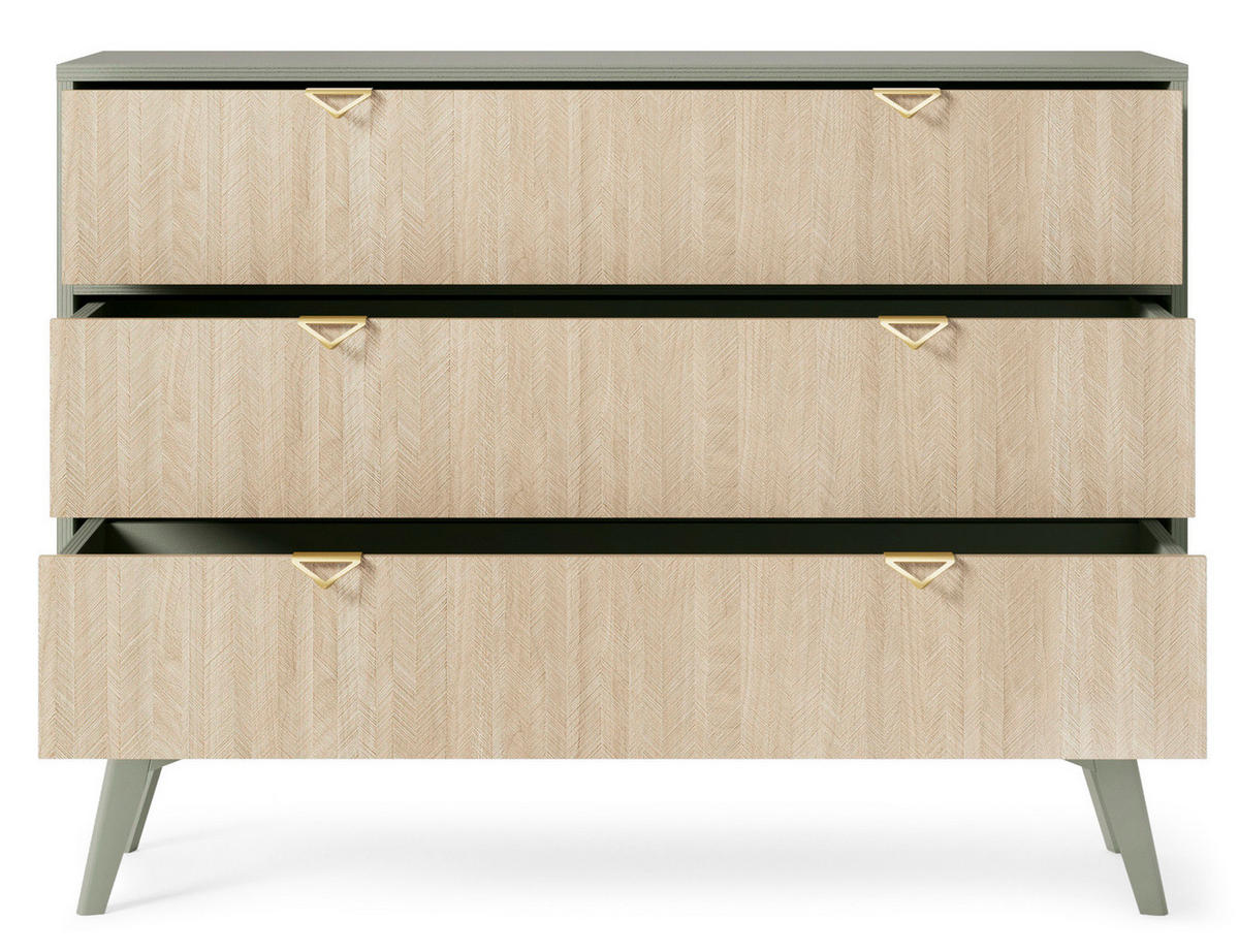 KOMMODE Silva 106 cm in Eukalyptus + Scandi-Fischgrätmuster mit Schubladen - Goldfarben/Grün, Holz/Holzwerkstoff (106/81/38cm) - Ravio