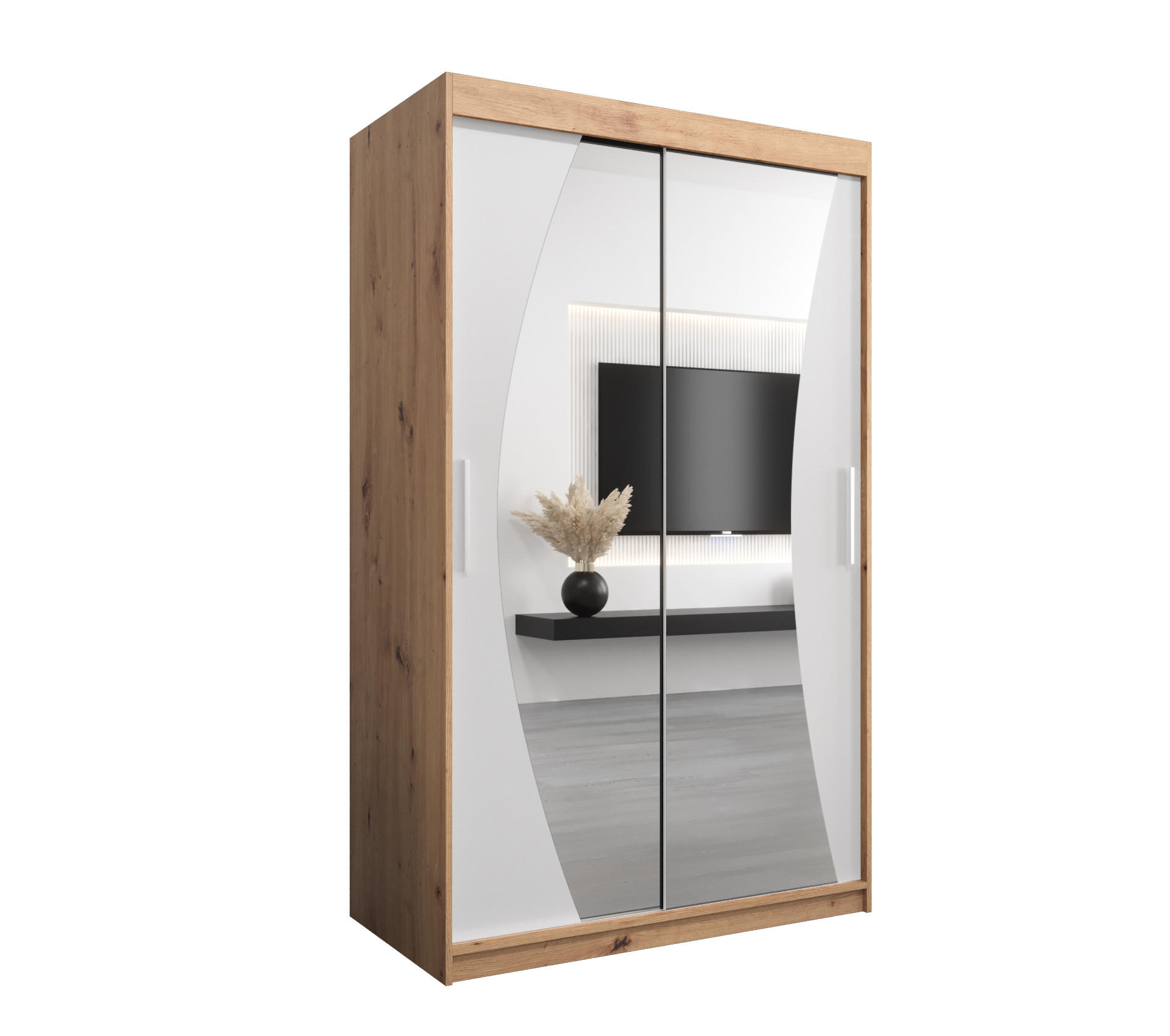 Abiks Möbel Schwebetürenschrank Eiche Artisan, Weiß 120x200x62 cm