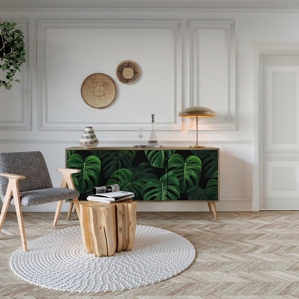 SIDEBOARD INFINITE MONSTERA, Eicheneffekt, 164,5x42x77,5 cm, 3 Türen - Eichefarben/Buchefarben, Holzwerkstoff/Buchenholz (164.5/77.5/42cm) - SpaceRebels
