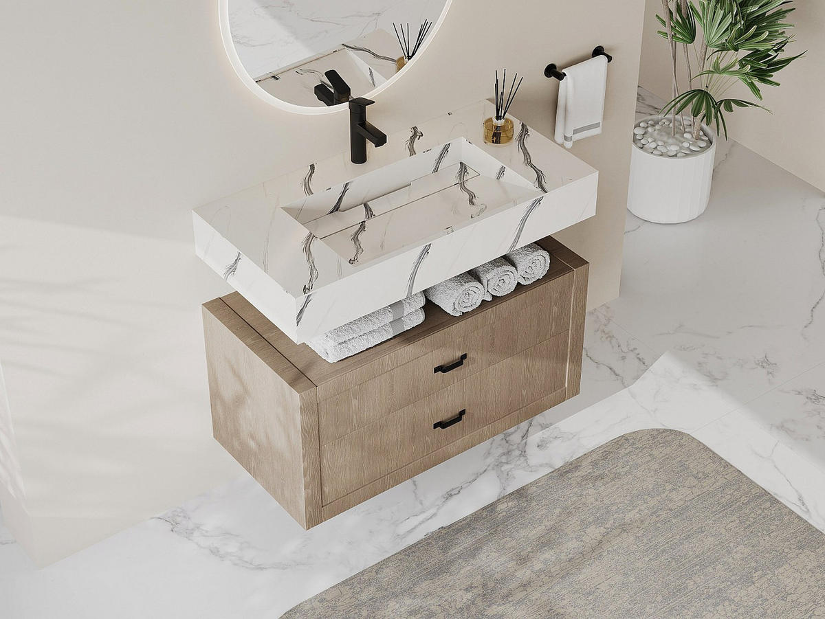 HÄNGEWASCHBECKEN - 90.2cm x 45.2cm - Solid Surface - schwarz, weiß - TAKOTNA - Schwarz, Stein (90.2/8/45.2cm) - Vente-Unique