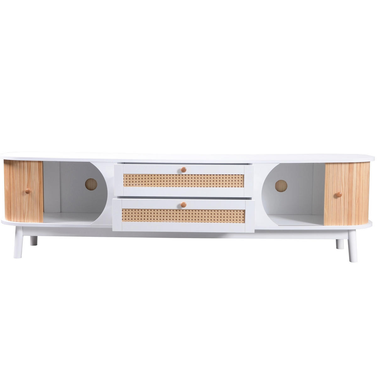 TV-SCHRANK aus MDF 170x39,5x46 cm Weiß/Holzfarben mit Türen und Schubladen in Rattanoptik - Weiß, Holzwerkstoff (170/39.5/46cm) - Modfu