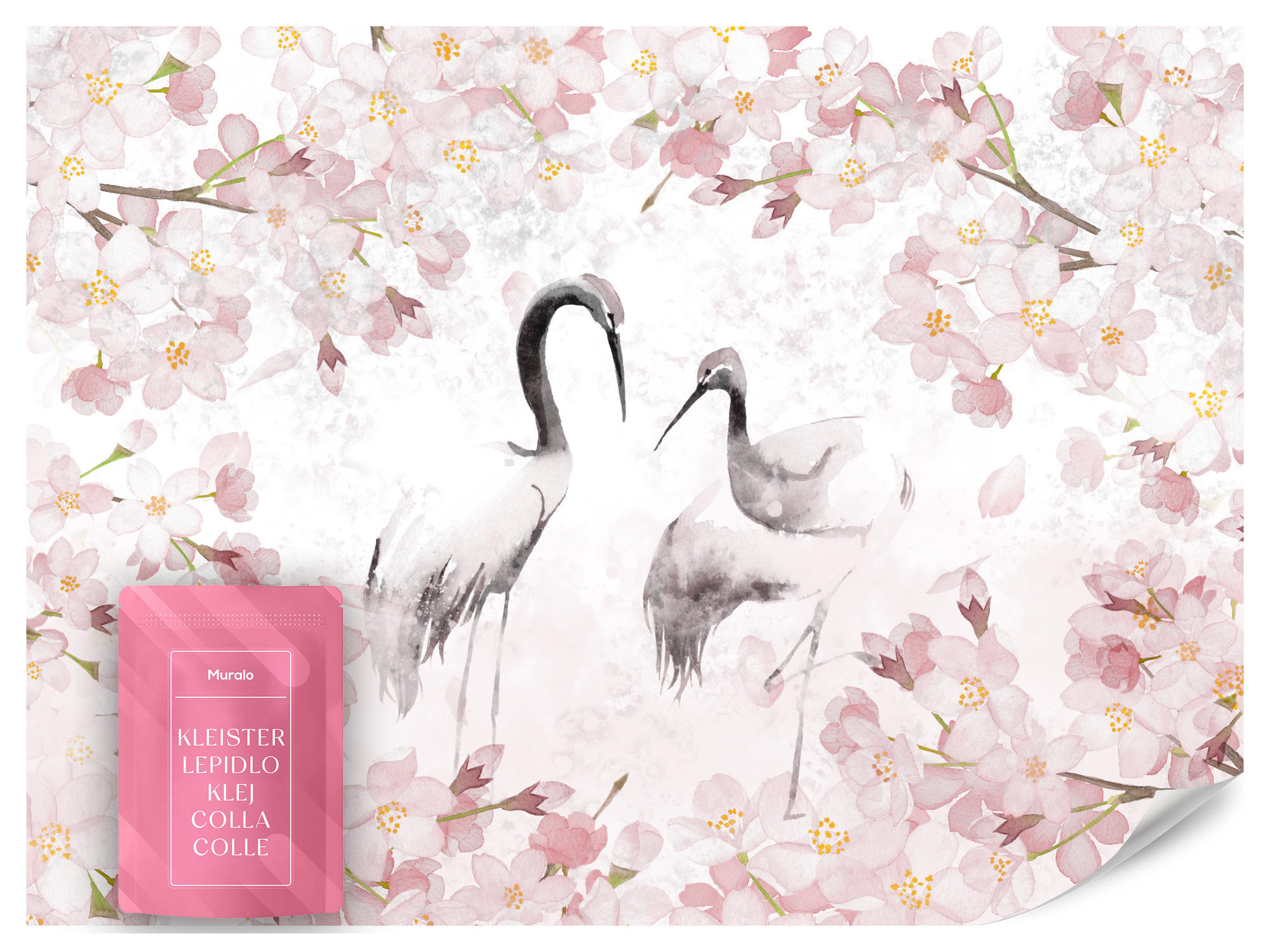 FOTOTAPETE Kraniche Kirschblüten Natur Aquarell 250x175 - Beige/Schwarz, Papier (250/175cm) - Muralo