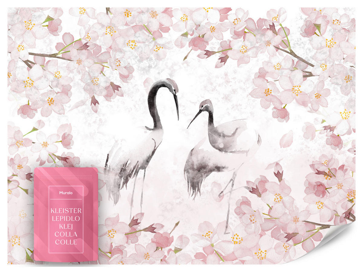 FOTOTAPETE Kraniche Kirschblüten Natur Aquarell 150x105 - Beige/Schwarz, Papier (150/105cm) - Muralo