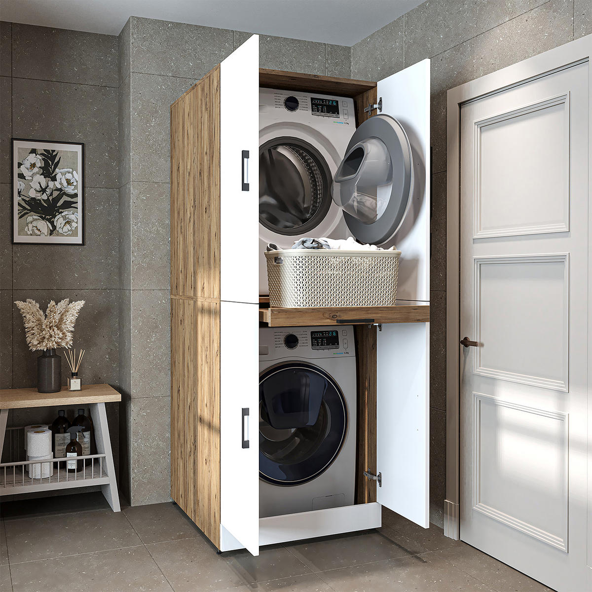WASCHMASCHINENSCHRANK DORA-I 70cm Breit - Eiche Bianco, Holzwerkstoff (70/186/74cm)