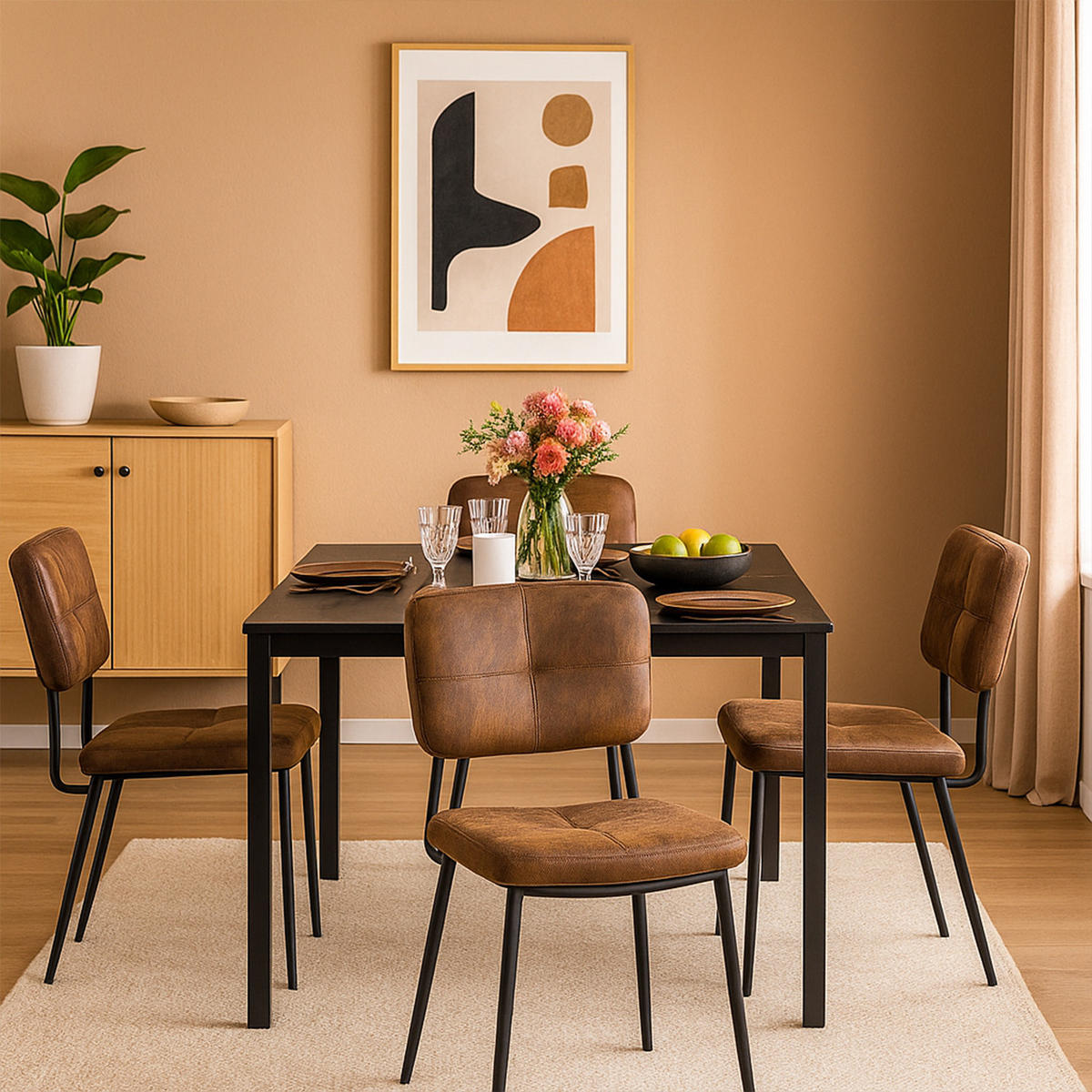 ESSGRUPPE mit 1 Tisch und 4 Stühlen aus Suede in Cognac-Braun - Multicolor, Textil (45/82/43cm) - Meubles Cosy