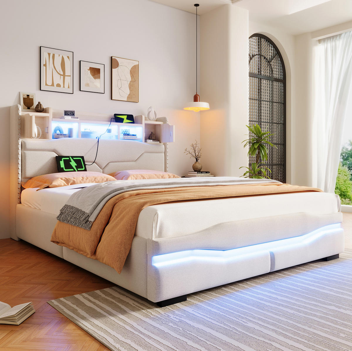 POLSTERBETT 140/200 cm Beige mit USB- und Type-C-Anschlüssen und LED-Beleuchtung - Beige, Textil (140/200cm) - OKWISH