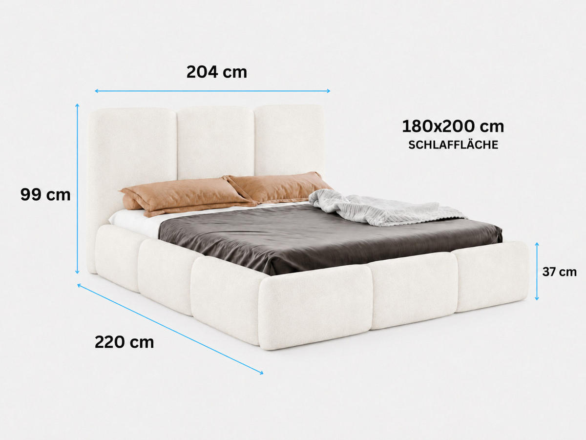 POLSTERBETT VARDO 180x200 cm mit Bettkasten, Stauraum und Metall-Lattenrost – Bouclé Stoff Hellgrau - Hellgrau/Schwarz, Textil/Metall (180/200cm) - Luxkor24