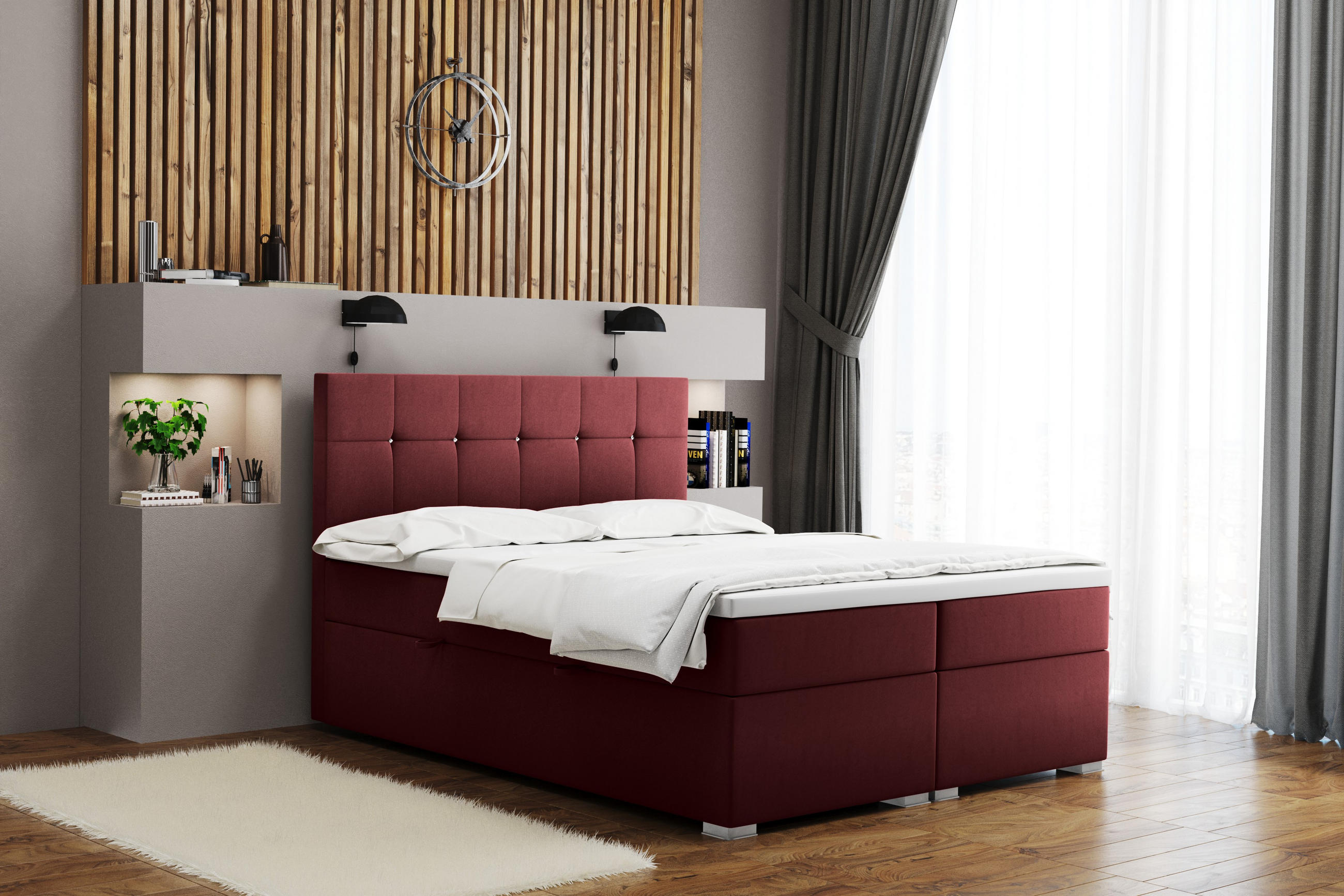 BOXBETT Mit Matratze Und Bettkasten LINDT Stoff Velvet 180x200 cm Rotwein H3-Bonell - Dunkelrot, Holz (180/200cm) - Kaiser Möbel