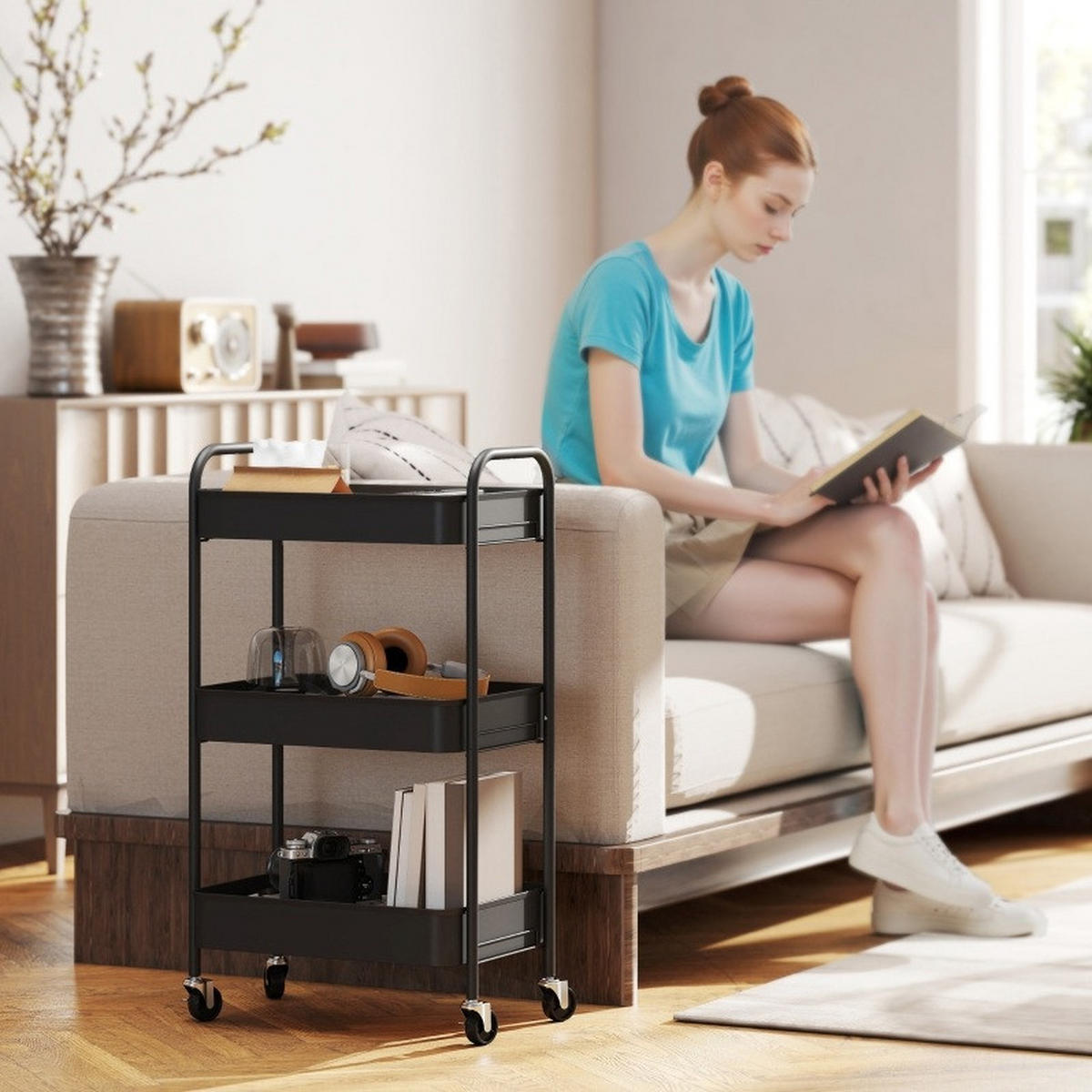 ROLLWAGEN mit 3 Gitterkörben 45 x 30,6 x 79 cm Stahl Schwarz - Schwarz, Metall (30.6/79/45cm) - Beauniv