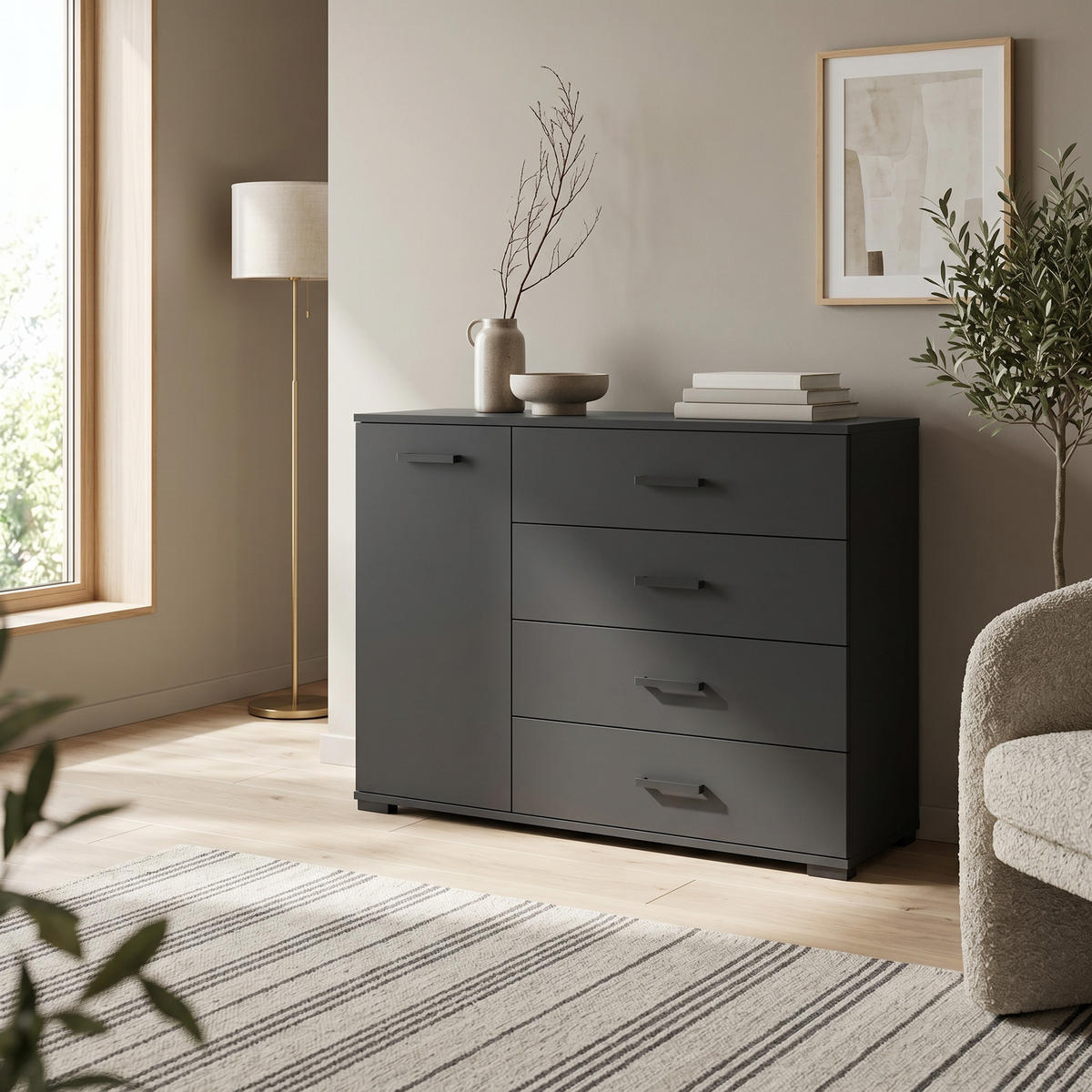 KOMMODE ALBANO 120/83/40cm mit 4 Schubladen 1 Türen Schwarz - Schwarz, Holzwerkstoff (120/83/40cm) - MASSENO