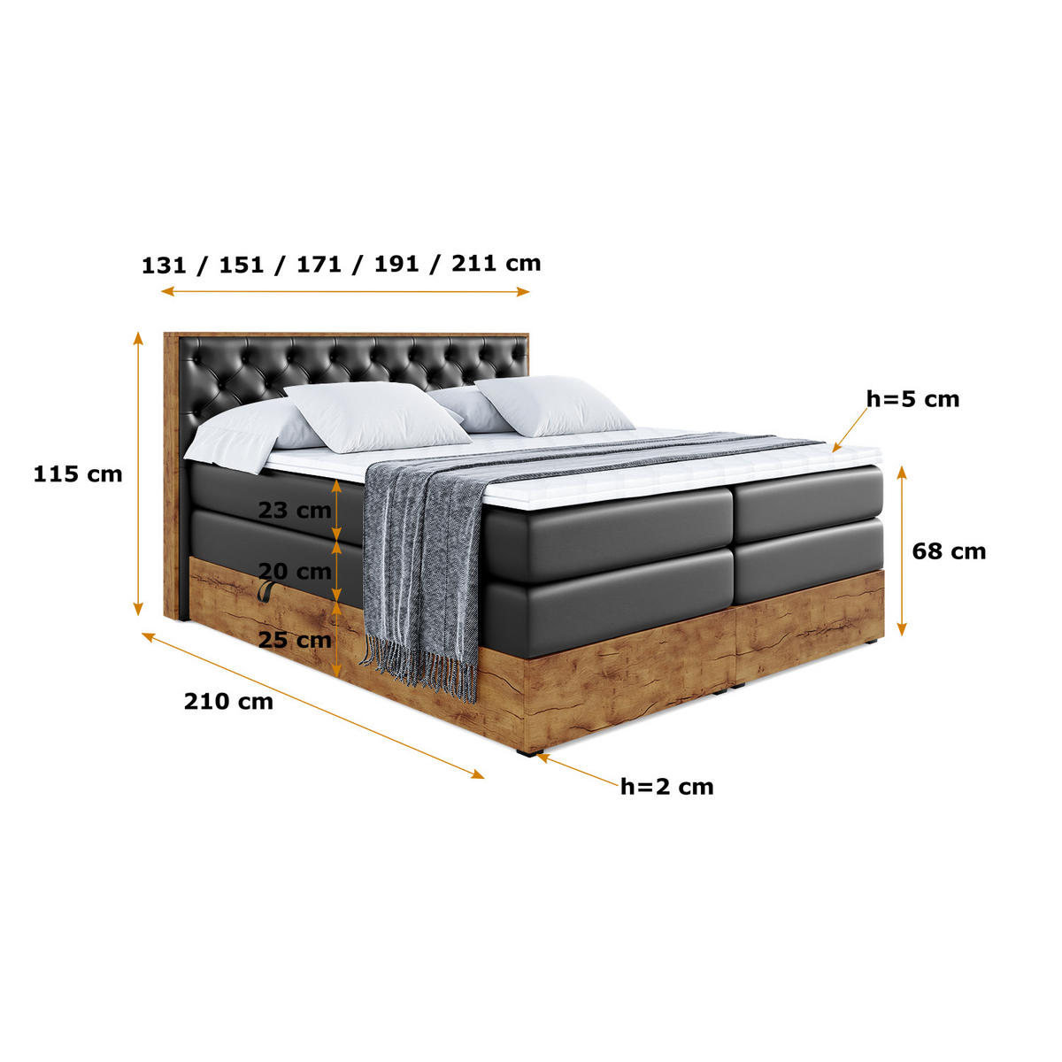 BOXSPRINGBETT mit Matratze H3|H4 und Lattenrost - LOLLI3 KING-120x200 - Schwarz - Schwarz, Holzwerkstoff (120/200cm) - ALTDECOR