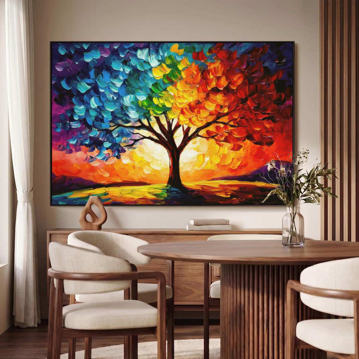 LEINWAND Bilder mit Rahmen - Baum - Kunst - Natur - Sonnenuntergang - 140x90 - Multicolor, Textil (140/90cm) - MuchoWow