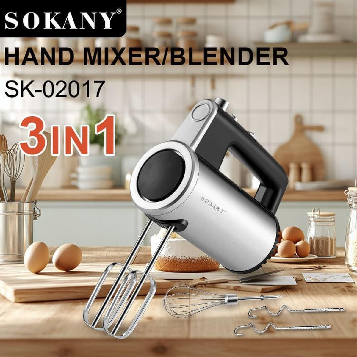 MIXER SOK-019 Silber Edelstahl, Handmixer 800W, 5 Geschwindigkeiten, Turbo - Silbereichenfarben, Metall (8/19/16cm) - SOKANY