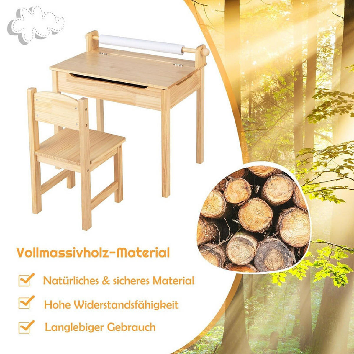 KINDERSCHREIBTISCH mit Stuhl natur(2-tlg) - Naturfarben, Holz (66/58/40cm) - COSTWAY