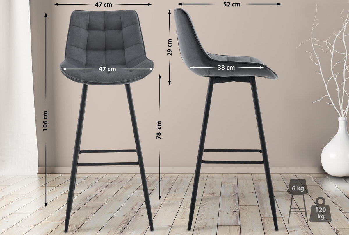 BARHOCKER 2er Set Danton Samt dunkelgrau - Schwarz/Grau, Textil/Metall (47/106/52cm) - TPFLiving