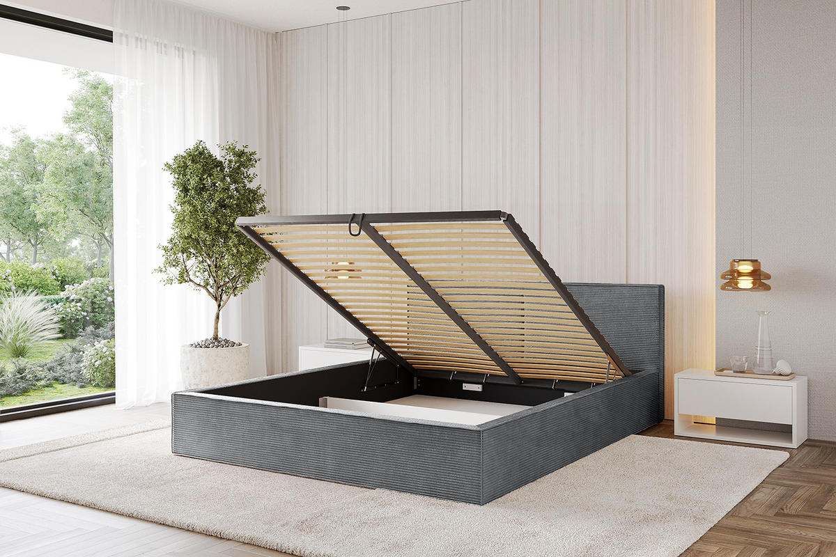 POLSTERBETT mit Bettkasten und Lattenrost, Bett mit Matratze H3/H4 - EMMI-V1 180x200 Dunkelgrau - Anthrazit, Holzwerkstoff/Textil (180/200cm) - ALTDECOR