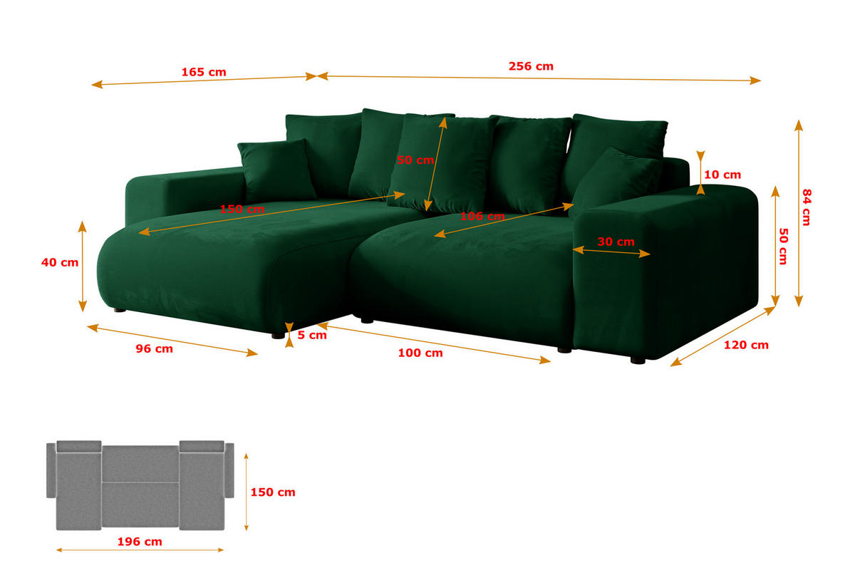 ECKSOFA mit Schlaffunktion und Bettkasten ESKAR-L 256x165x84cm Grün Velours - Schwarz/Grün, Holzwerkstoff/Kunststoff (165/256cm) - ALTDECOR