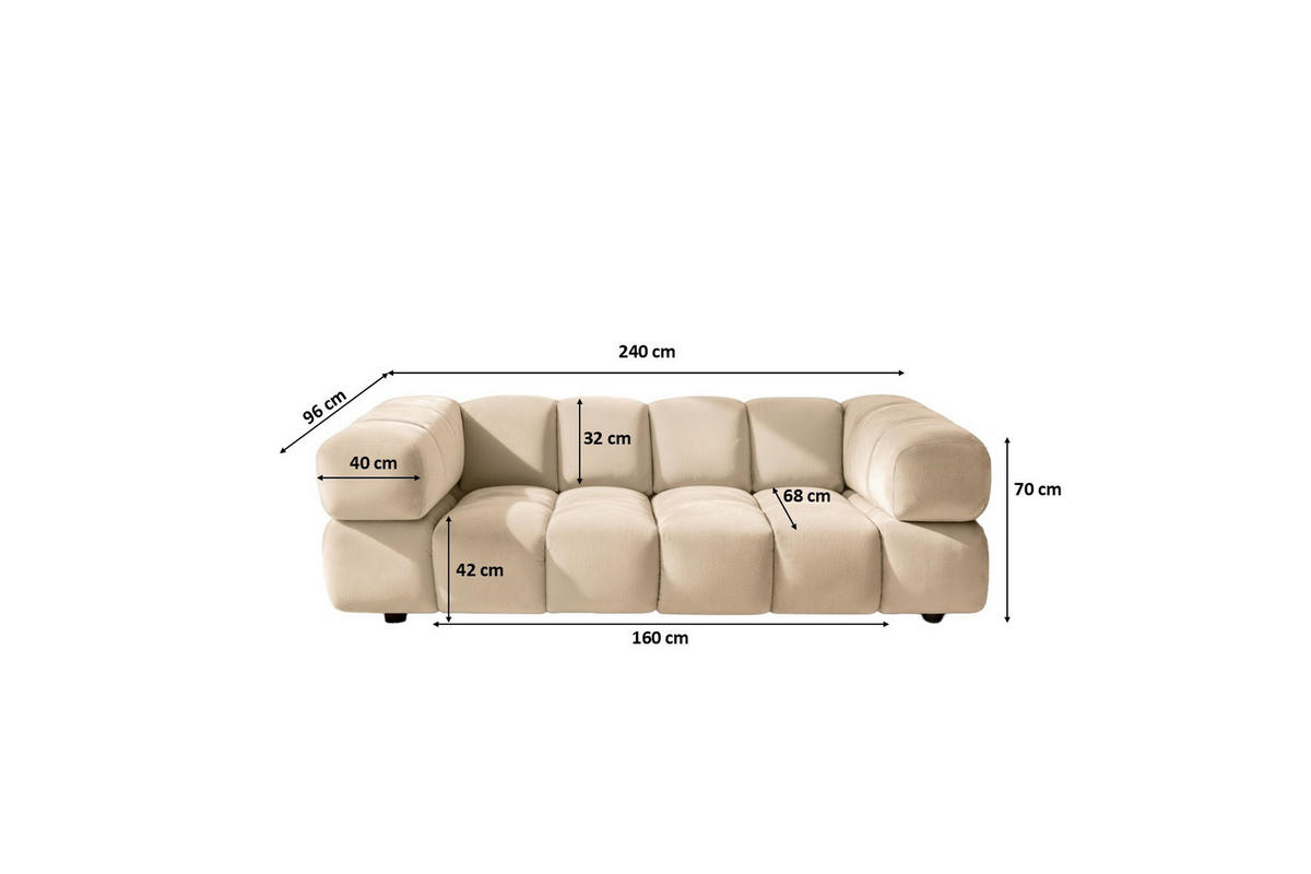 SOFA 3-Sitzer, Couch, Veloursstoff Bluvel, Creme, Averro - Creme, Holz (240/70/96cm) - Kaiser Möbel