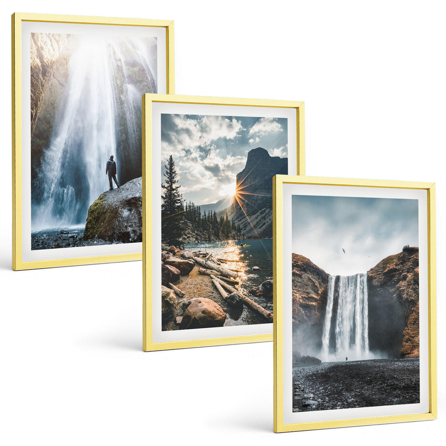 BILDER SET 3er Set - 40x60 cm Goldrahmen - Wasserfälle, Berge, Landschaften, Natur - Goldfarben, Kunststoff (40/60cm) - TULUP
