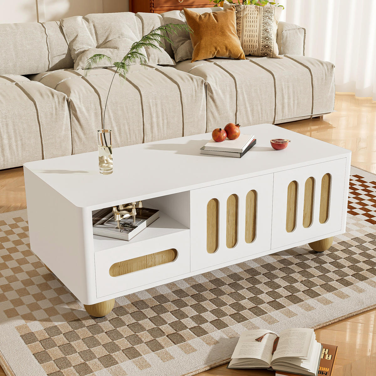 COUCHTISCH 105/50/40 cm Weiß und Holzoptik mit 4 Türen und 2 Schubladen mit LED-Beleuchtung - Weiß, Holzwerkstoff (105/50/40cm) - OKWISH