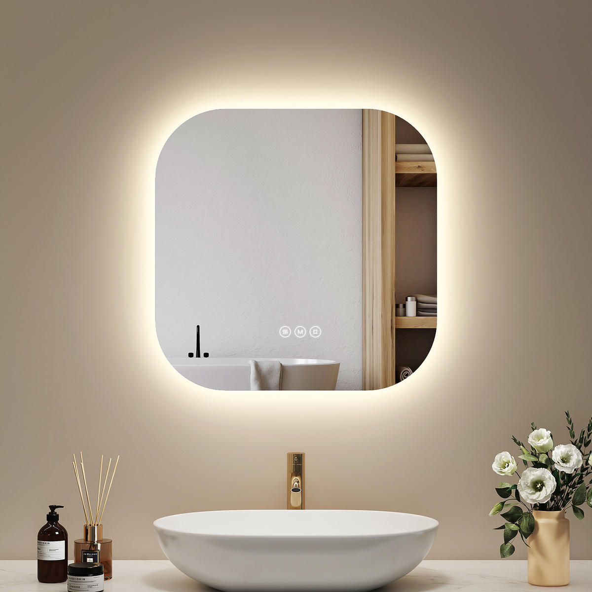 BADSPIEGEL mit Beleuchtung Quadratischer 50/50 cm - Weiß, Glas (50/2.5/50cm) - EMKE