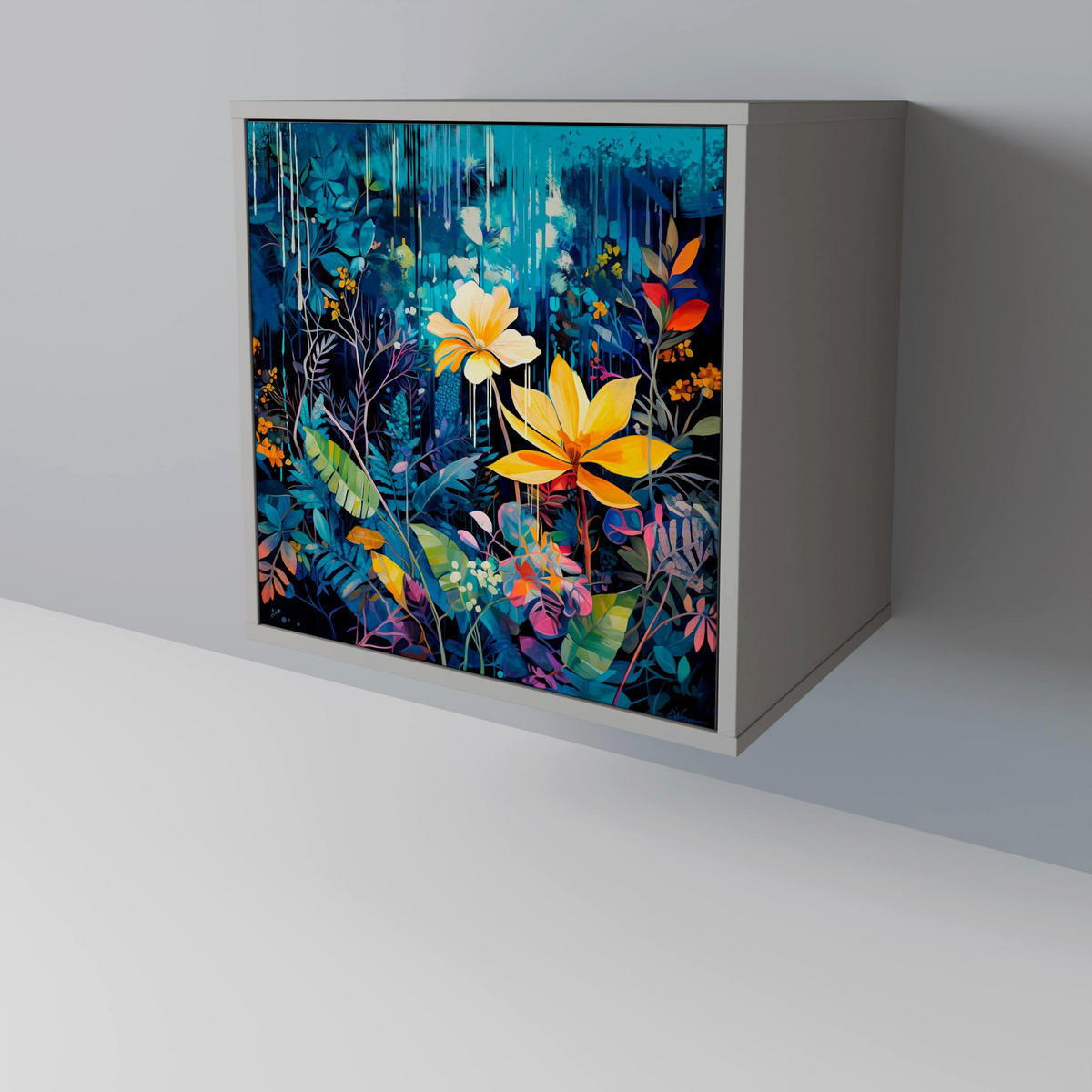 SIDEBOARD MIDNIGHT BLOSSOM, Grau, 57,5x42x72,5 cm, Schwarze Metallfüße - Multicolor/Schwarz, Holzwerkstoff/Metall (57.5/72.5/42cm) - SpaceRebels