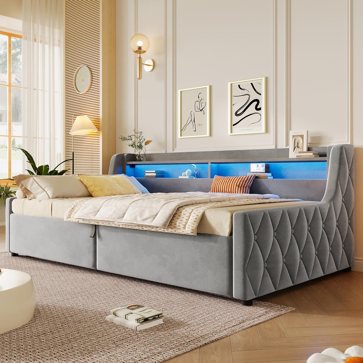 POLSTERBETT 90/200 cm in Grau Samt mit Stauraum, LED - Grau, Holzwerkstoff/Textil (90/200cm) - WISHDOR